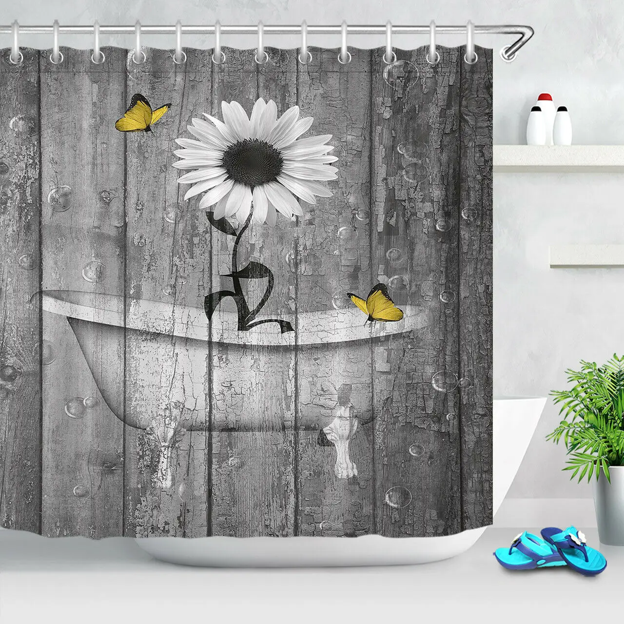

Wood Board Bathtub White Flower Shower Curtain Bathroom Accessory Sets