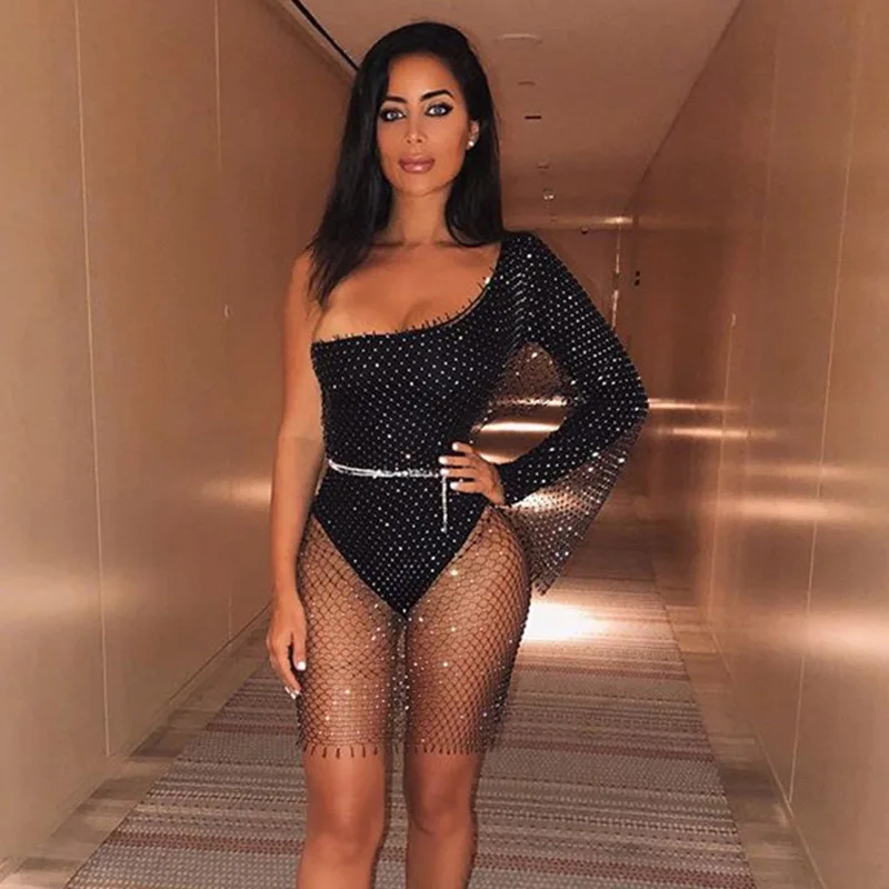 

Блестящее Прозрачное мини-платье стразы с одним длинным рукавом Сетчатое ажурное мини-платье 2021 осеннее женское модное платье