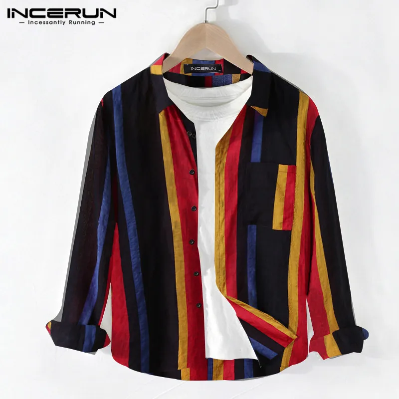 

INCERUN Striped Men Shirt Vintage Long Sleeve Turn Down Collar Casual Button 2021 Blouse Streetwear Autumn Leisure Tops Camisas