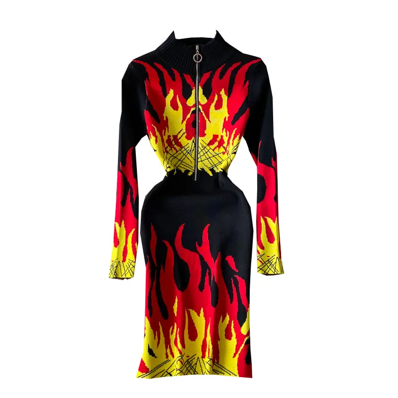 

Fashion flame printed knitting dress long-sleeved zipper collar sexy show thin render package buttocks short waist
