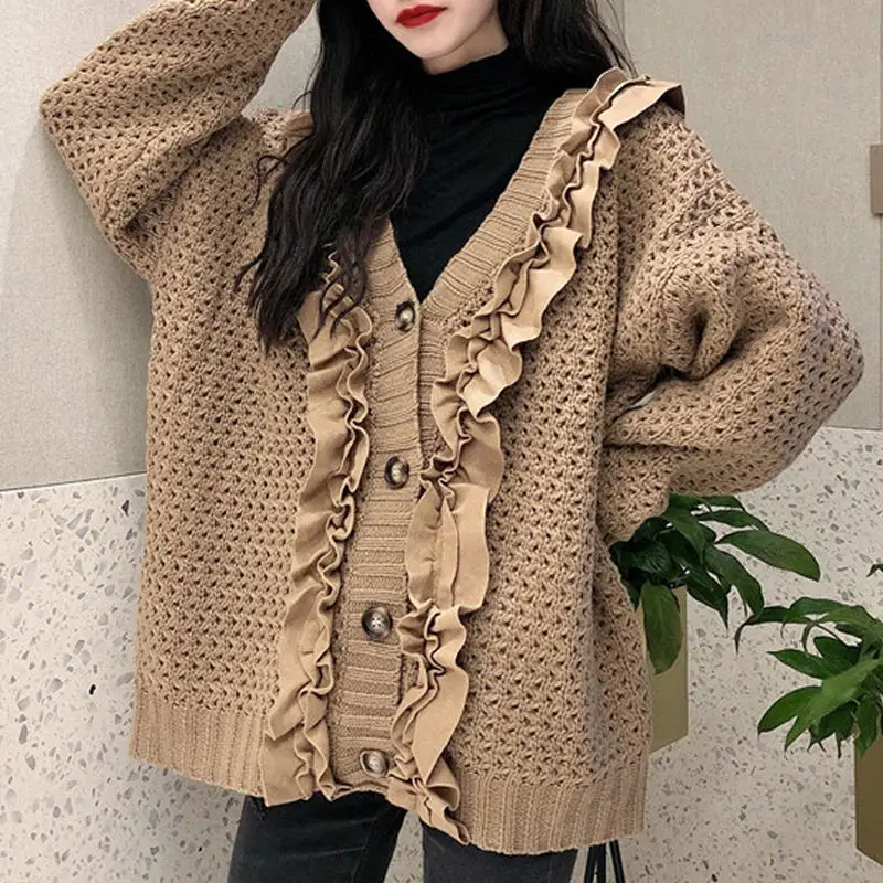 RealShe Ruffles Knitted Sweater Cardigan V-neck Long Sleeve Buttons Solid Female Spring Casual Elegant Women |