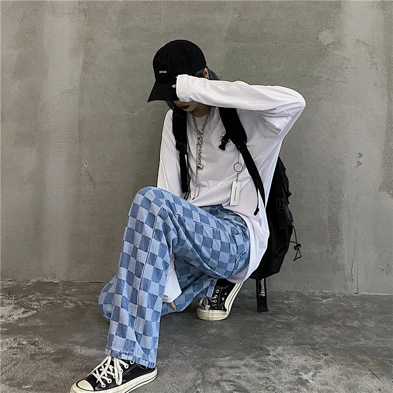 Harajuku Pants Women 2021 Jeans Woman Streetwear Checkered Korean Style Straight Wide Leg Plaid Trousers | Женская одежда