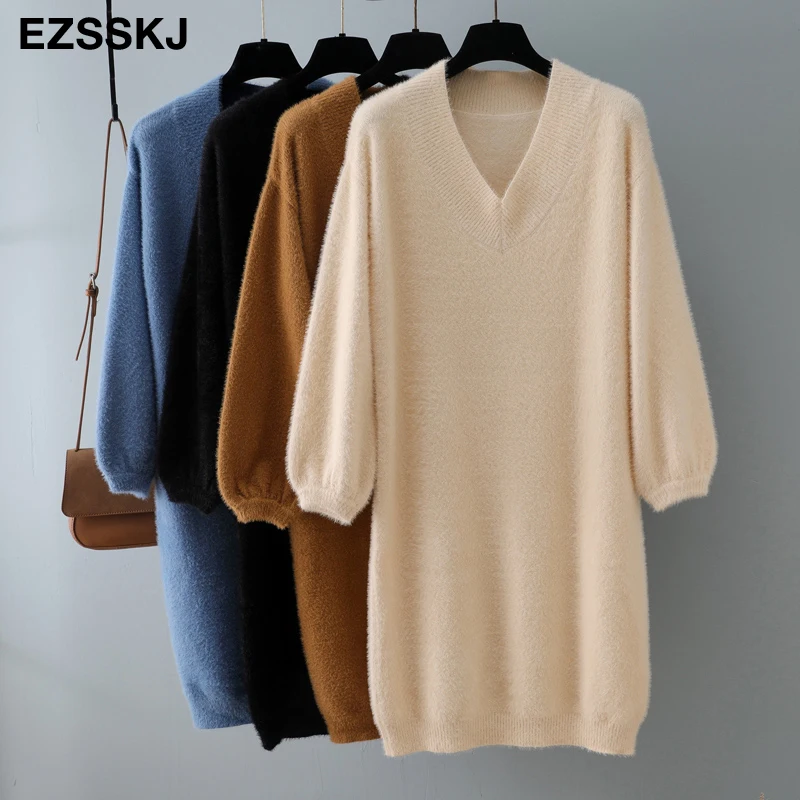 

Платье-Свитер женское с V-образным вырезом и коротким рукавом-фонариком, утепленное меховое свободное мини-платье, шикарное прямое платье, О...