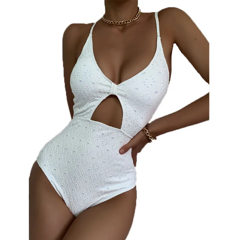 

2021 New Sexy White One Piece Swimsuit Women Solid Swimwear Bathing Suit Swimming Beach Wear Bikini Set