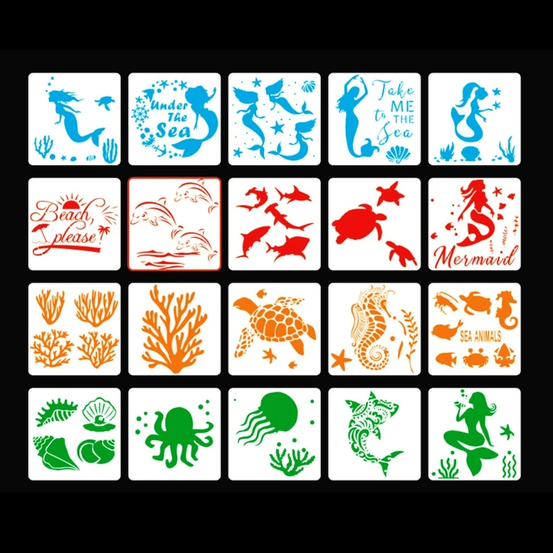 39XC 20 Pcs Sea Animal Flowers Painting Stencil Reusable Hollow Out Drawing Template