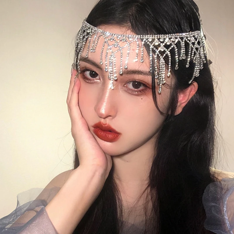 

N7MF Wedding Bridal Metal Alloy Head Chain Glitter Rhinestone Geometric Tassel Forehead Headband Party Jewelry Headpiece