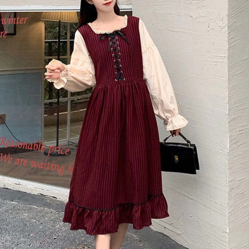 

Spring/Autumn French Literary Girl Gothic Lolita Vintage Gentle Woman Long Dress Sweet Mori Girl Style Bandage Cute Midi Dress
