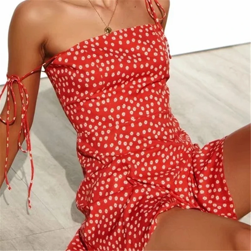 Mini Backless Dress Women Bandage Vintage A Line Slip Dresses Korean Ladies Strapless Sleeveless Print Suspender | Женская одежда