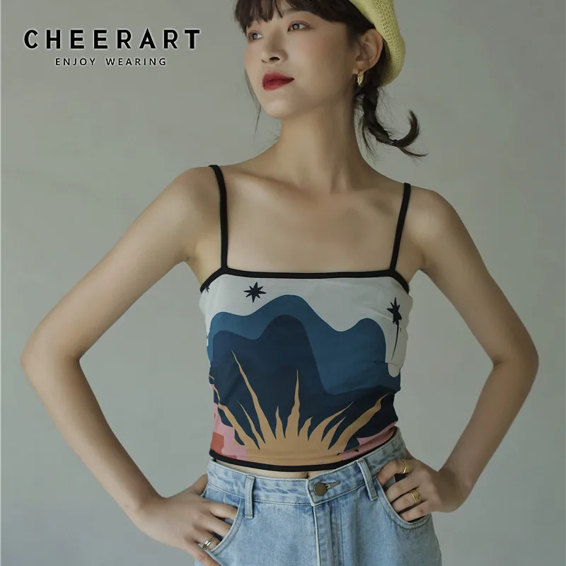 Женский винтажный укороченный топ CHEERART дизайнерский на бретелях спагетти с
