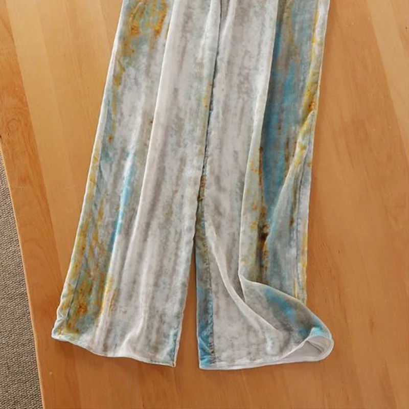 

Fashion New Velvet Pants Spring Fall Casual Female Trousers 2021 Loose High Waist Tie Dye Soft Women All-match Wide Leg Pants