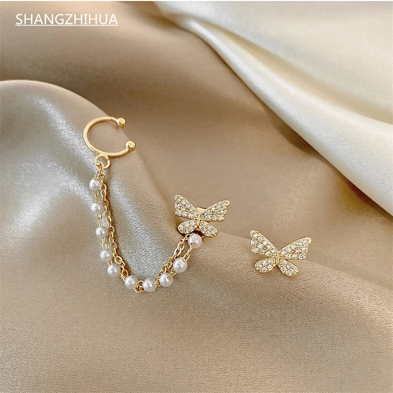 

SHANGZHIHUA 2021 Trends Luxury Zircon Butterfly Earrings with Pearl Chain Earrings for Women's Unusual Jewelry Party Gifts