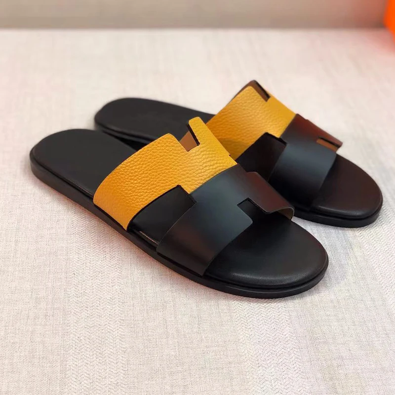 

Summer Pantufla Slippers Male Beach Casual Shoes Designer Two Tone Caflskin Leather Men's Classic Sandals
