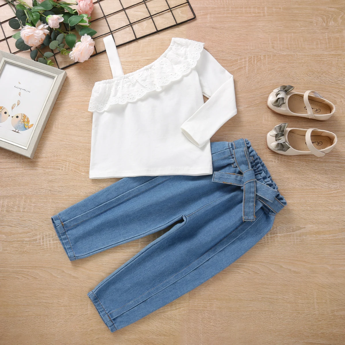 

Girls Fashion Clothes Set 2 Pieces Suit Solid Ruffle Long Sleeve One Shoulder Tops+Denim Pants Kids Sets Girls Clothes 1-6Y