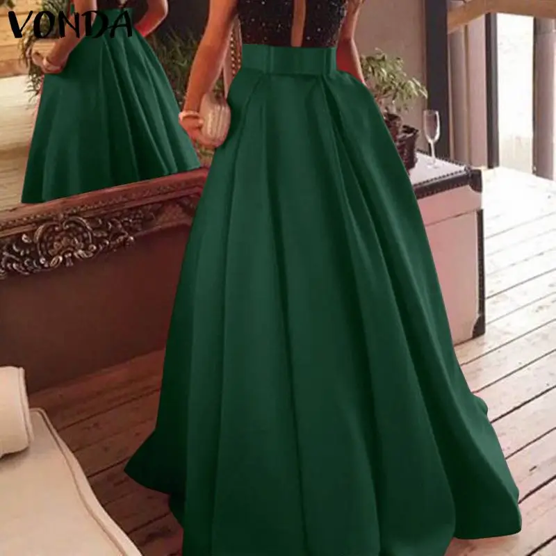 

A-line Skirt 2021 VONDA Summer Long Maxi Skirts Faldas De Mujer Loose High Waist Elegant Skirt Oversize Beach Skirts Femme