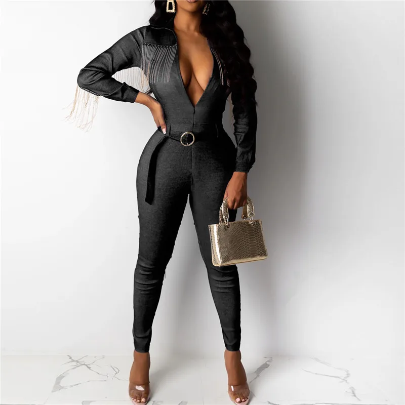 

Solid Slinky Jumpsuit for Women 2019 Sashes Long Sleeve Bodycon Sexy V Neck Rompers Womens Jumpsuit Sexy Club Wear Outfits