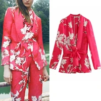 traf za 2021 floral print red blazer women summer set woman 2 pieces womens belt elegant sets high waist female trouser suit