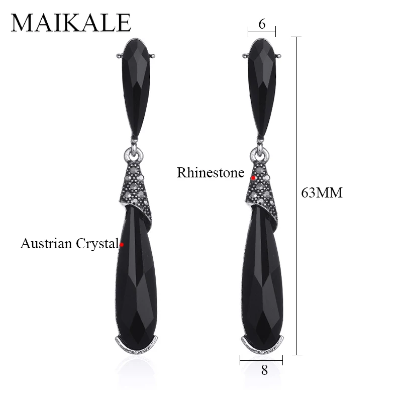 Серьги MAIKALE Vintage Big Crystal Drop для женщин с черным камнем-каплей из родированного металла со золотым и серебряным оттенком. Экстравагантный подарок на каждый день.
