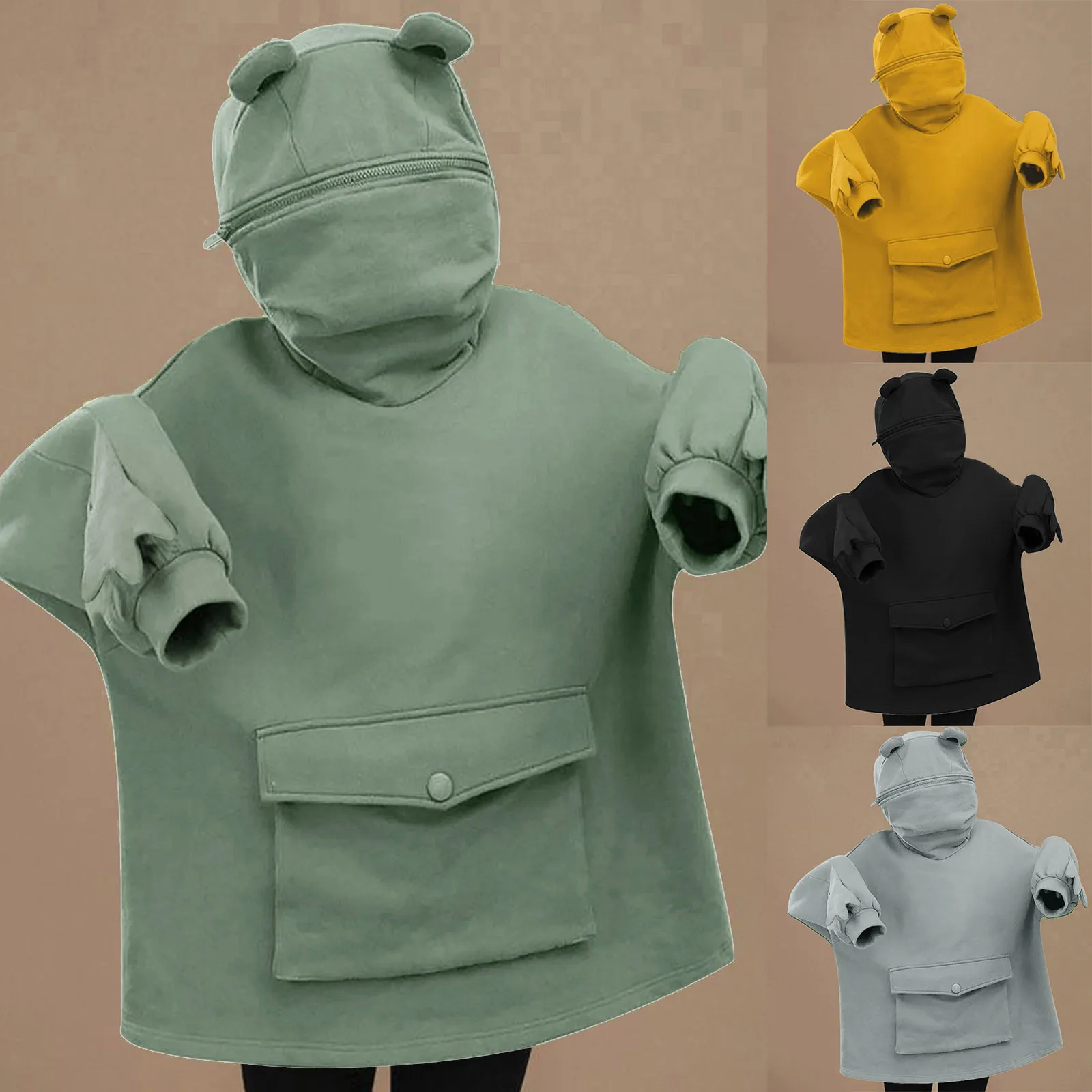 Women Frog Hoodies Oversized Kawaii Solid Color Stitching Casual Harajuku Pullover Sweatshirt Autumn Winter Hooded Lady Clothing