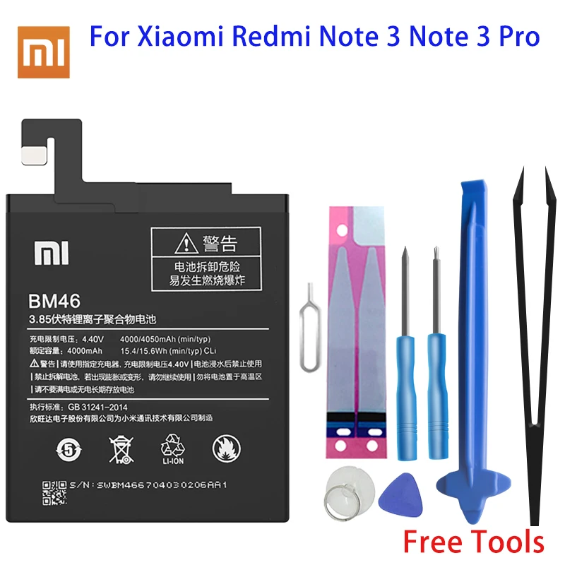 

Оригинальный аккумулятор Xiaomi BM46, сменные батареи 4000 мАч для телефона Xiaomi Redmi Note 3 / Note 3 Pro, бесплатные инструменты