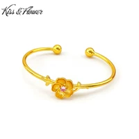kissflower br46 fine jewelry wholesale fashion woman girl birthday wedding gift flower 24kt gold zircon opening bracelet bangle
