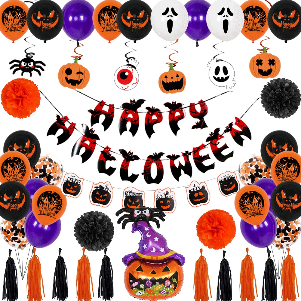 

Halloween decorating balloon letter pull flag banner paper flower ball latex balloon set Halloween party decorating