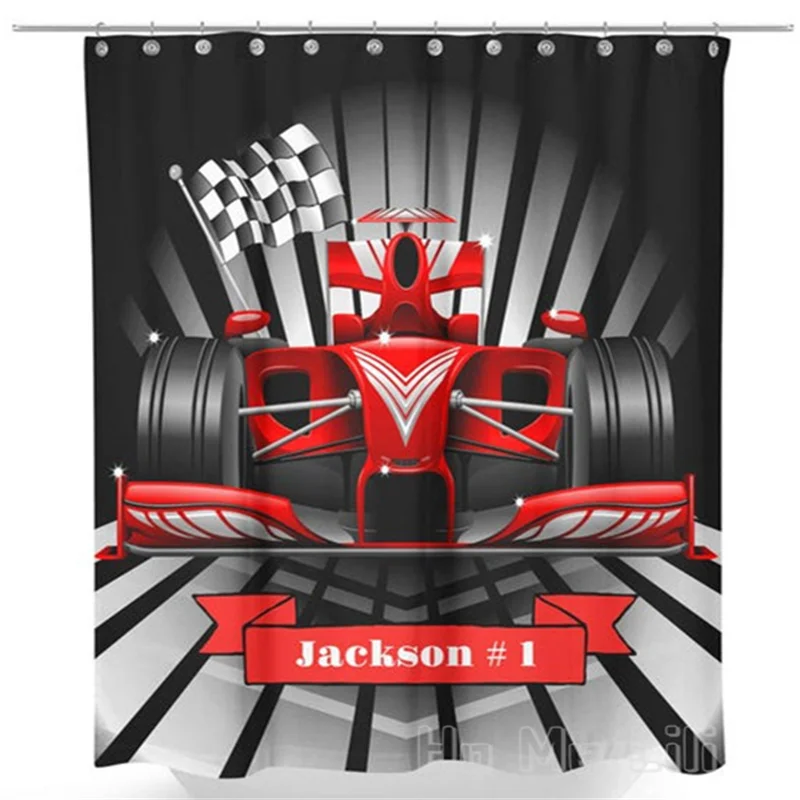 Custom Personalized Red Race Car Shower Curtain Polyester Fabric Waterproof Bathroom Decor For Boys Man With Hooks