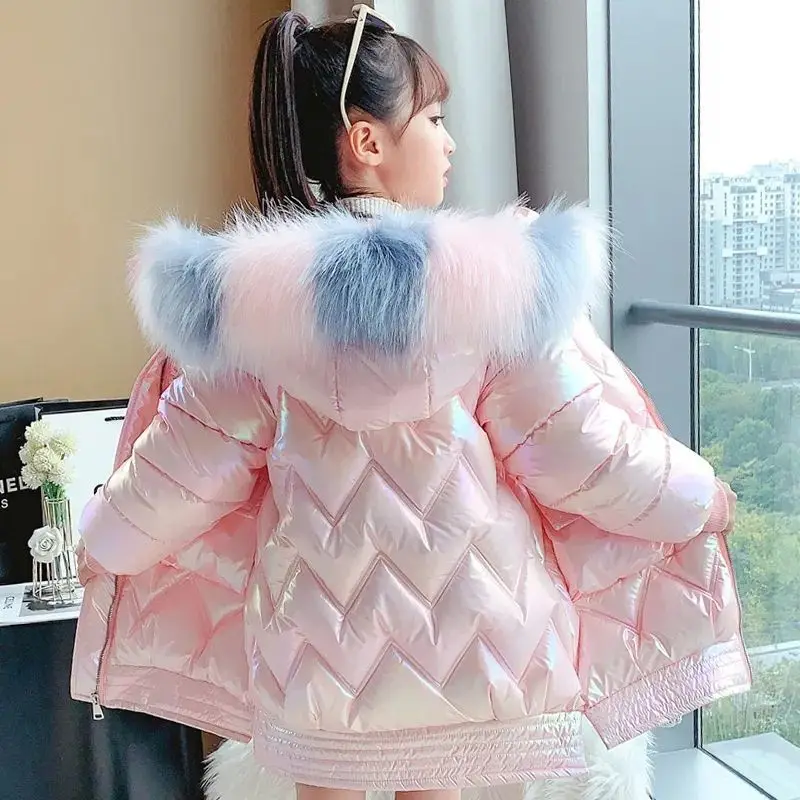 

Russia Fashion Girls Winter Water Proof Coat Fur Hooded Parkas Children Thickening Warm Bright Down Padded Jacket for 12 Outwear
