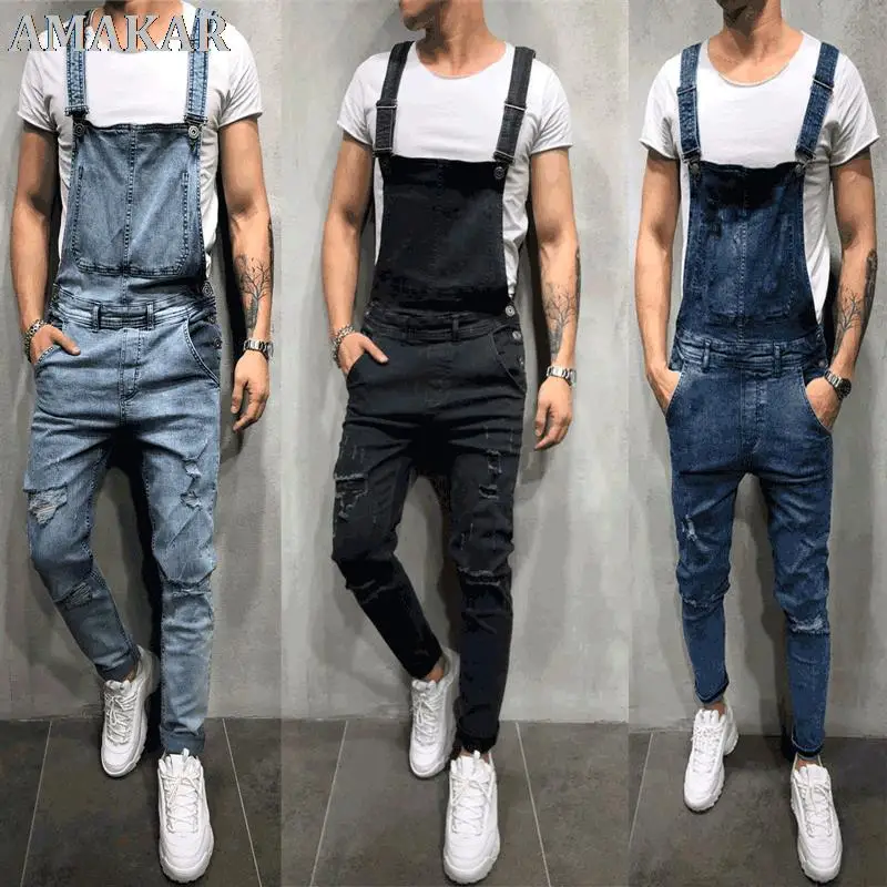 

2021 Fashion Men's Ripped Jeans Jumpsuits Ankle Length Letter printing Distressed Denim Bib Overalls For Men Suspender Pants