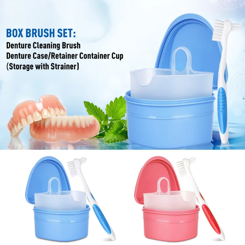 

Q1QD Denture Bath Case Cup Dental Tooth Box Holder Storage Soak Cleaning Container with Brush
