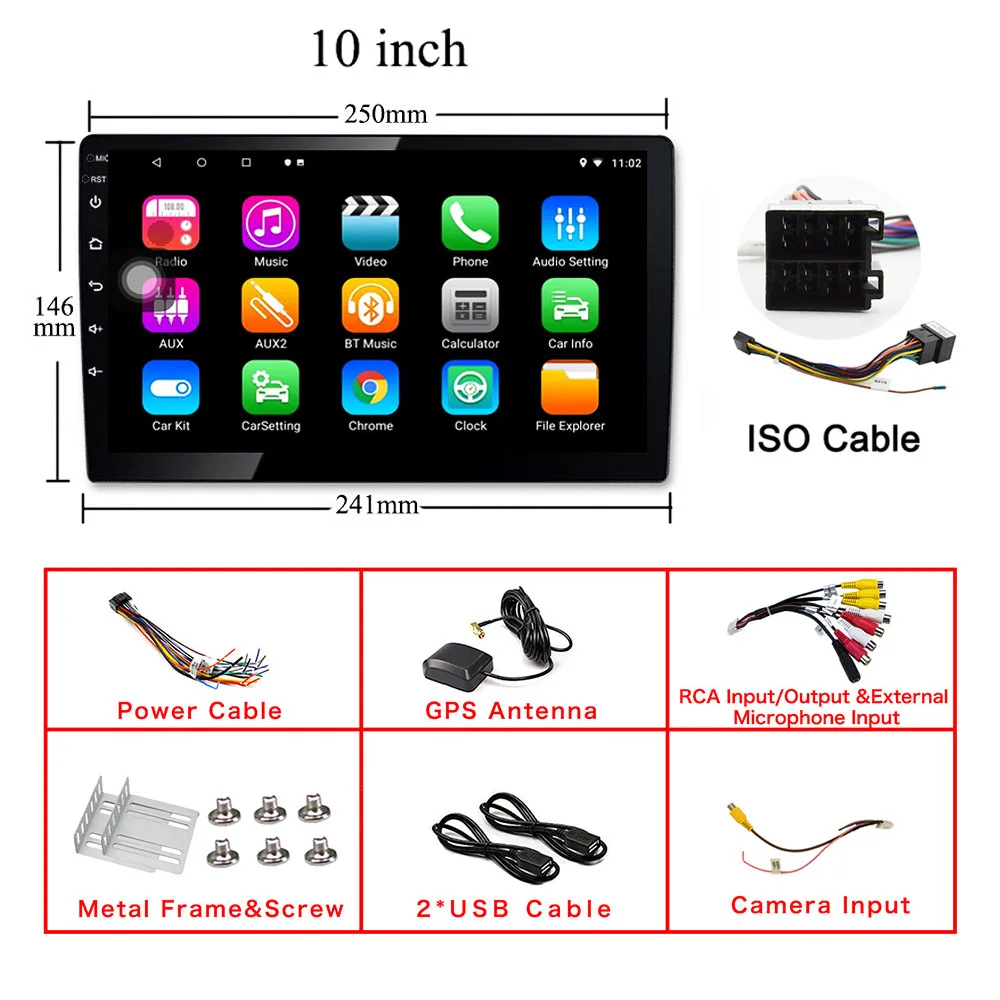 ISO 10 inch 9 10 дюймов Android 8,1 DAB gps навигация Авторадио Мультимедиа dvd-плеер Bluetooth wifi MirrorLink OBD2 Универсальный 2Din Автомагнитола - Цвет: ISO 10 inch