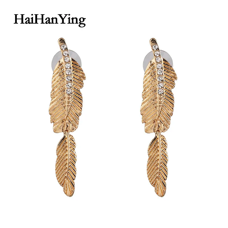 New Cute Girl Leaves Crystal Sutd Earring Women's Feather Gold Alloy Fashion Earrings Wedding Party Gift Jewelry Accessories