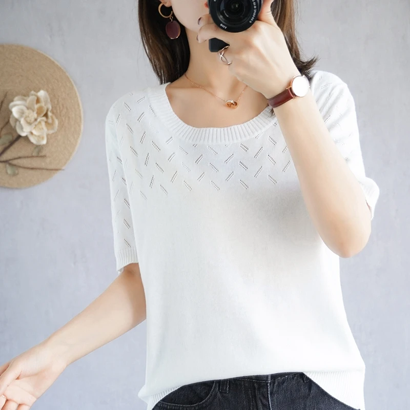 

2021 Pure Cotton Hollow Round Neck Short-Sleeved T-Shirt Women Summer Fashion Loose Wild Half-Sleeved Cotton line Knit Short Top