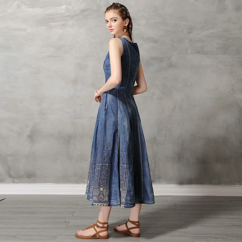 

2020 round collar vest dress retro embroidery posed dress DZ301 cowboy Brand new women's spring/summer high quality