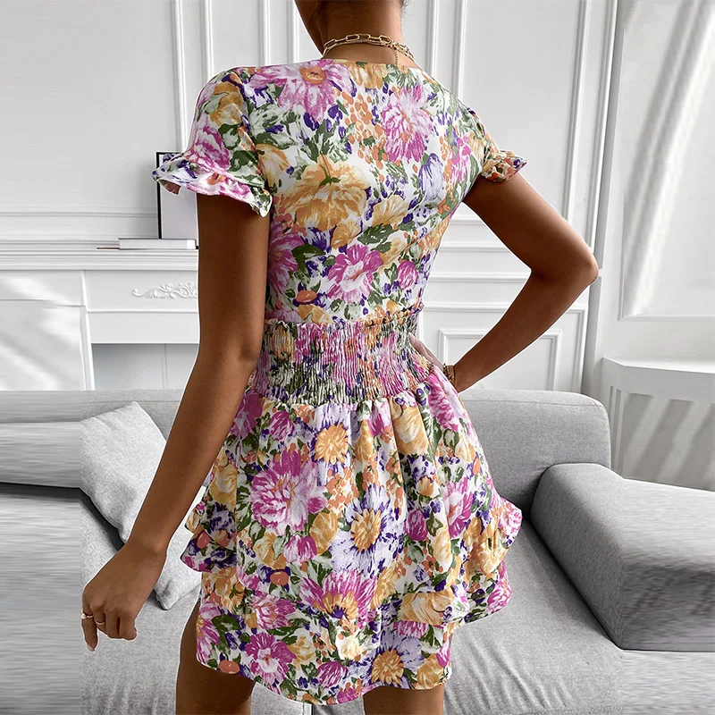 

Women Sexy V-Neck Tie-Up Mini Dress Summer Elegant Butterfly Short Sleeve Ruffle Party Dresses Ladies Floral Print Beach Dress