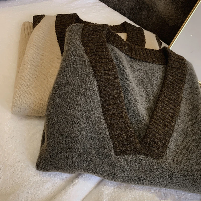 

Vests Women Patchwork Korean Style High Quality Knitted All-match Students Retro Pullover Leisure Womens Sweater Vest Large Size