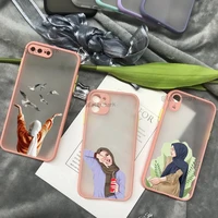 woman in hijab muslim islamic girl phone case for iphone 12 11 pro xs max x xr 8 7 plus pink matte translucent cover