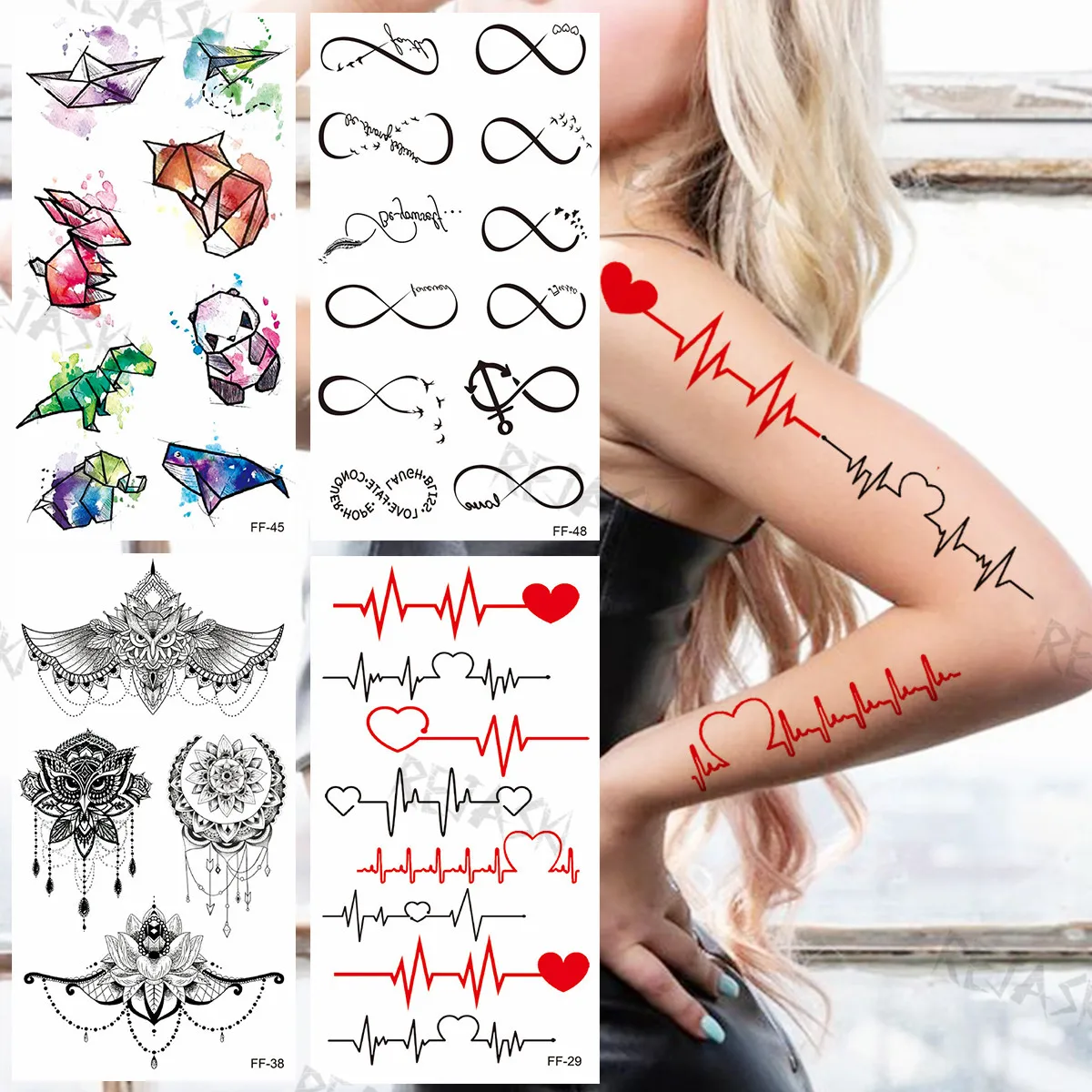 

Temporary ECG Tattoos For Women Realistic Pendant Mandala Cartoon Rabbit Panda Fox Fake Tattoo Sticker Arm Back Tatoos