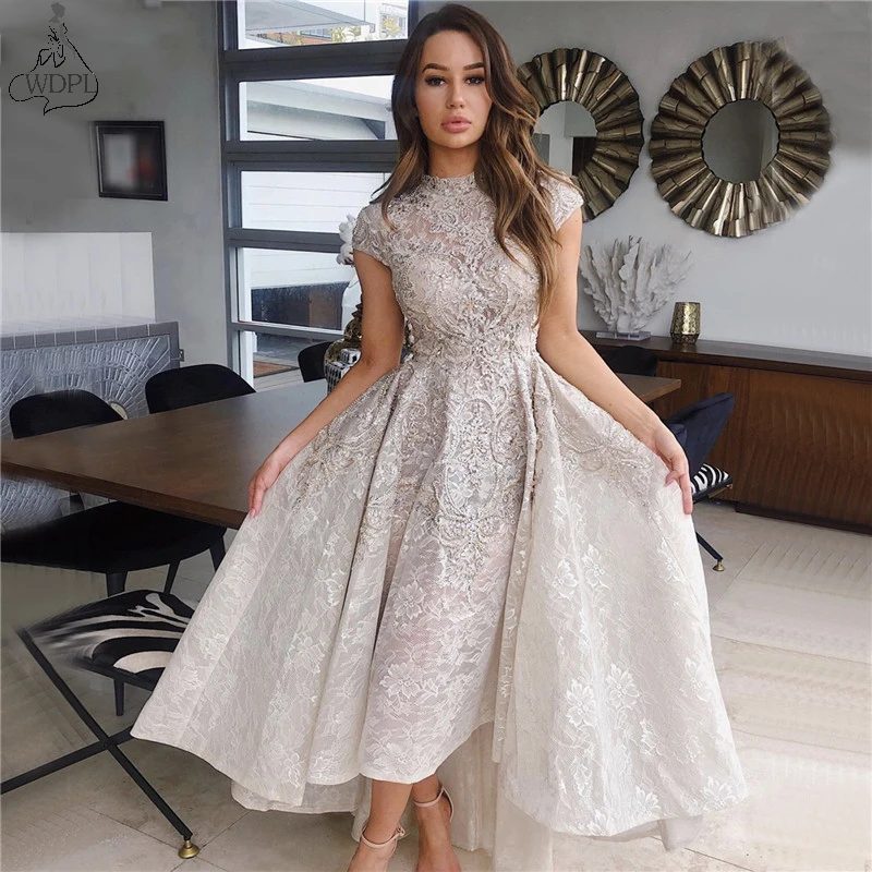 Арабское Кружевное Вечернее Платье Из Дубая с высоким низким вырезом и коротким