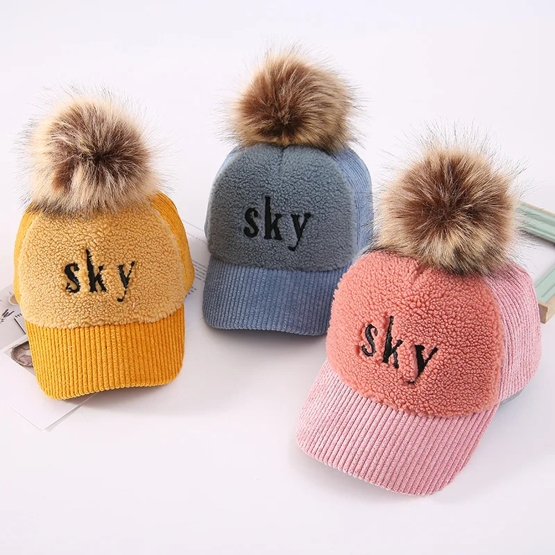 Children's Hat Winter New Thin Velvet Sky Curved Brim Girl's Letter Warm Big Wool Ball Color Blocking Baseball Cap | Спорт и