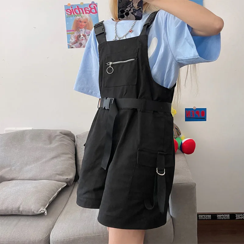 

Harajpoo Women Shorts Summer Strap Korean Version Ins Black Wild Loose Student High Waist Casual Straight Tool Five-point Pants