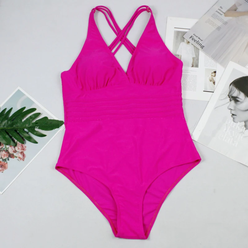 

One piece large size high grade retro padded deep V open back one-piece solid swimsuit cross back women's Beach suit
