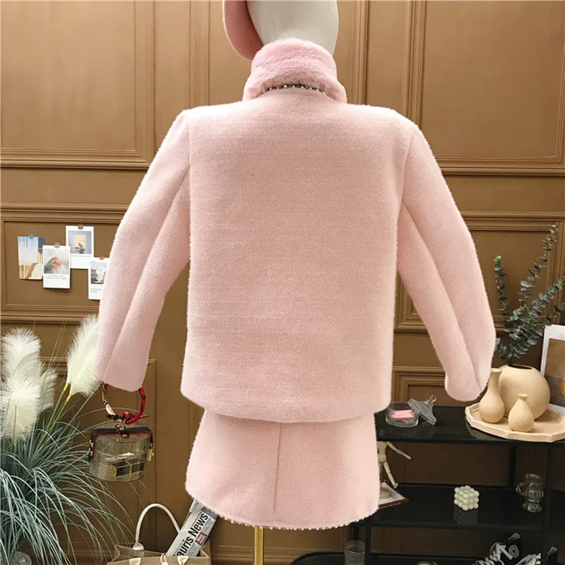 

Korean 2021 Sweet New Bowknot Women Suit Plus Cotton Thick Winter Short coat Female +mini Skirt Two-Piece Sets TZ760