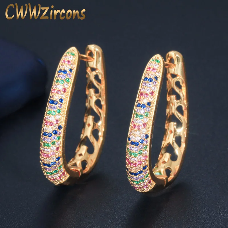 

CWWZircons New Designer Circle Round Dangle Multi Colored Cubic Zircon Crystal Dubai Gold Hoop Huggie Earrings for Women CZ589