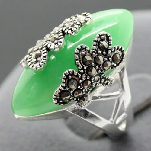 Винтажное зеленое Нефритовое 925 пробы Серебряное марказитовое кольцо размер