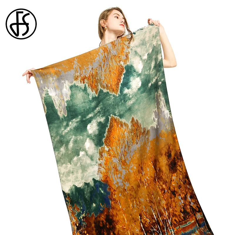 FS люксовый бренд пейзаж дерево печати шарфы длинные зимние бандана теплый фуляр