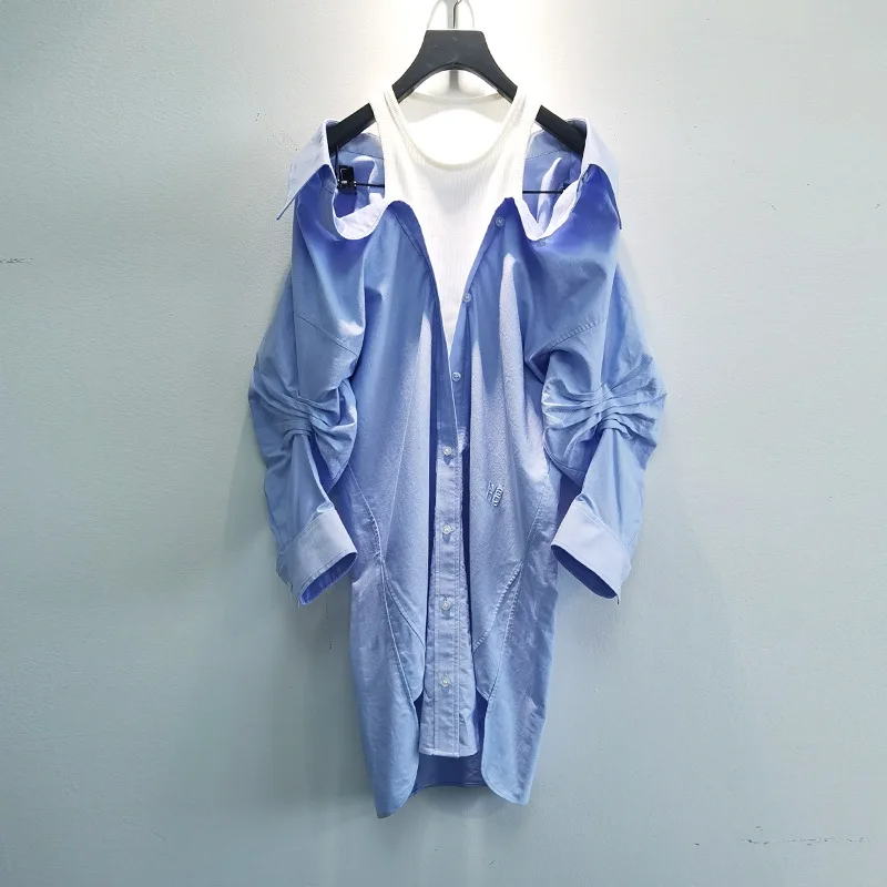 

Aw King 2021 early spring new fake two piece patchwork cotton loose shirt dress