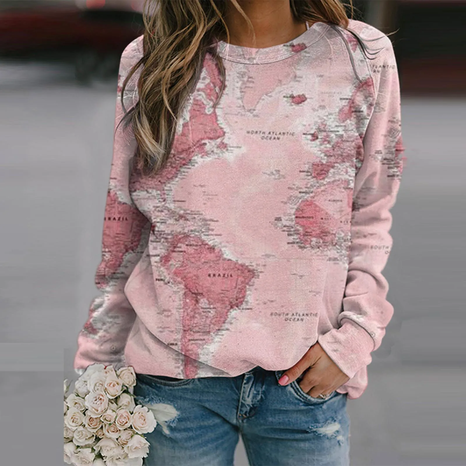 Женская одежда модные футболки с принтом карты Осенние свитшоты длинным рукавом