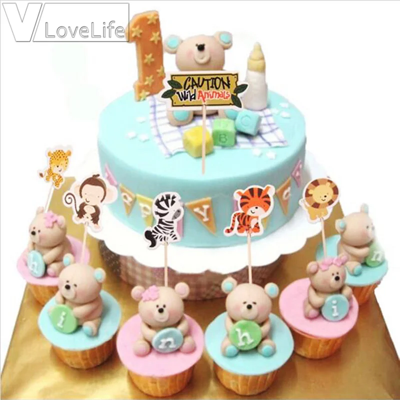 24 шт сафари джунгли животное кекс Toppers выбирает День рождения украшение дети