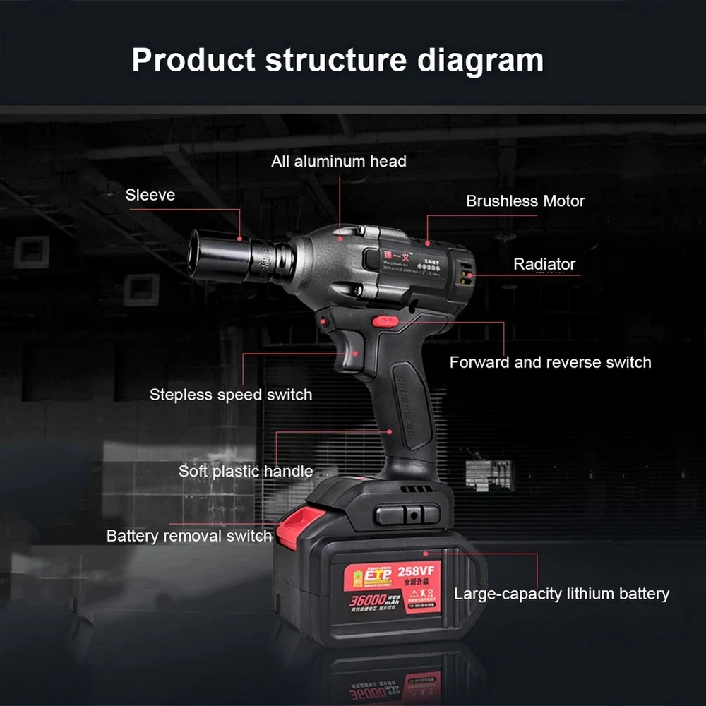 480 Nm 5/8 mm Electric Powerful Impact Wrench Rechargeable-Lithium LED Lighting Variable Speed Trigger Brushless Motor Wrench