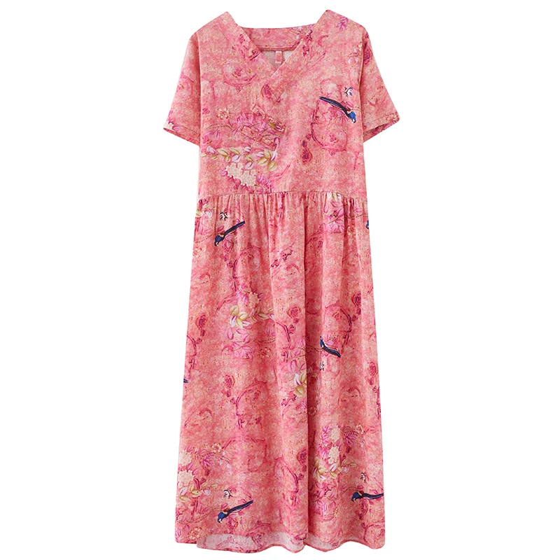 Платье женское хлопково льняное свободного кроя с V образным вырезом|Женские